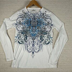 Sahalie Women's White Abstract Art Eclectic Long Sleeve Round Neck Pullover shir